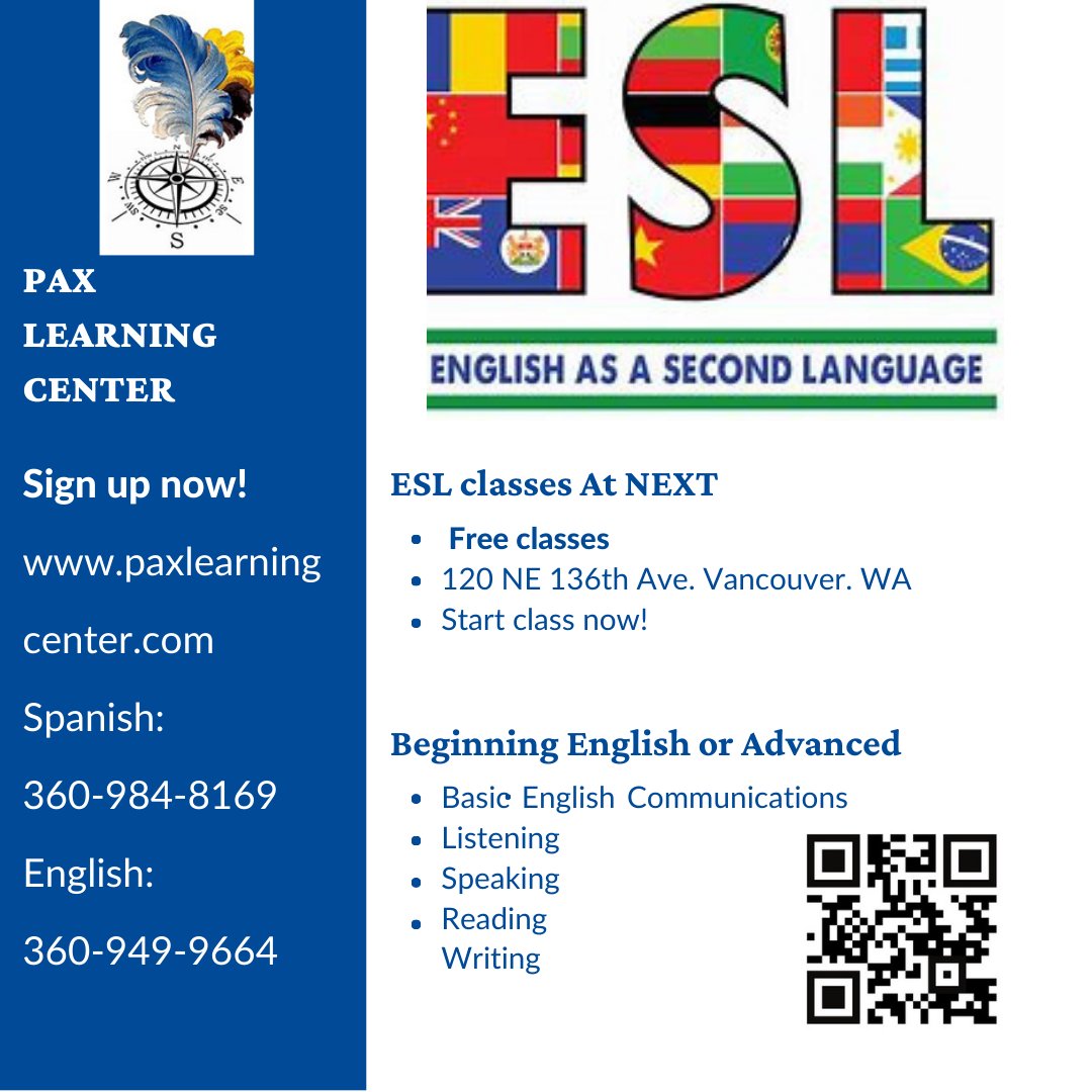 triots_wsuv's tweet image. Check out the free English as a Second Language classes offered for PAX Learning Center! #trioworks #eslclasses