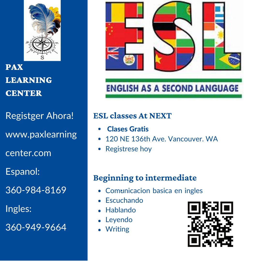 triots_wsuv's tweet image. Check out the free English as a Second Language classes offered for PAX Learning Center! #trioworks #eslclasses