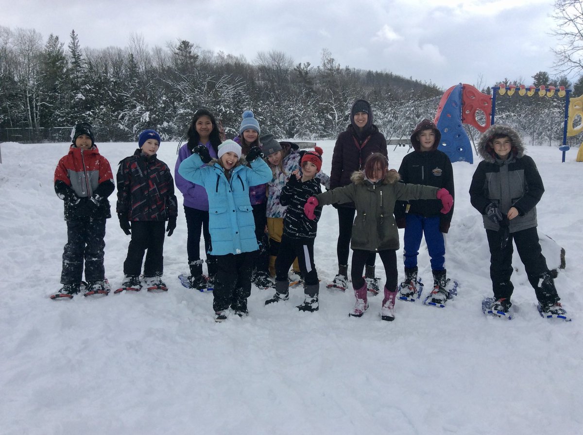 Students enjoy the winter weather with snowshoeing. Developing patience, perseverance and for some a new skill.