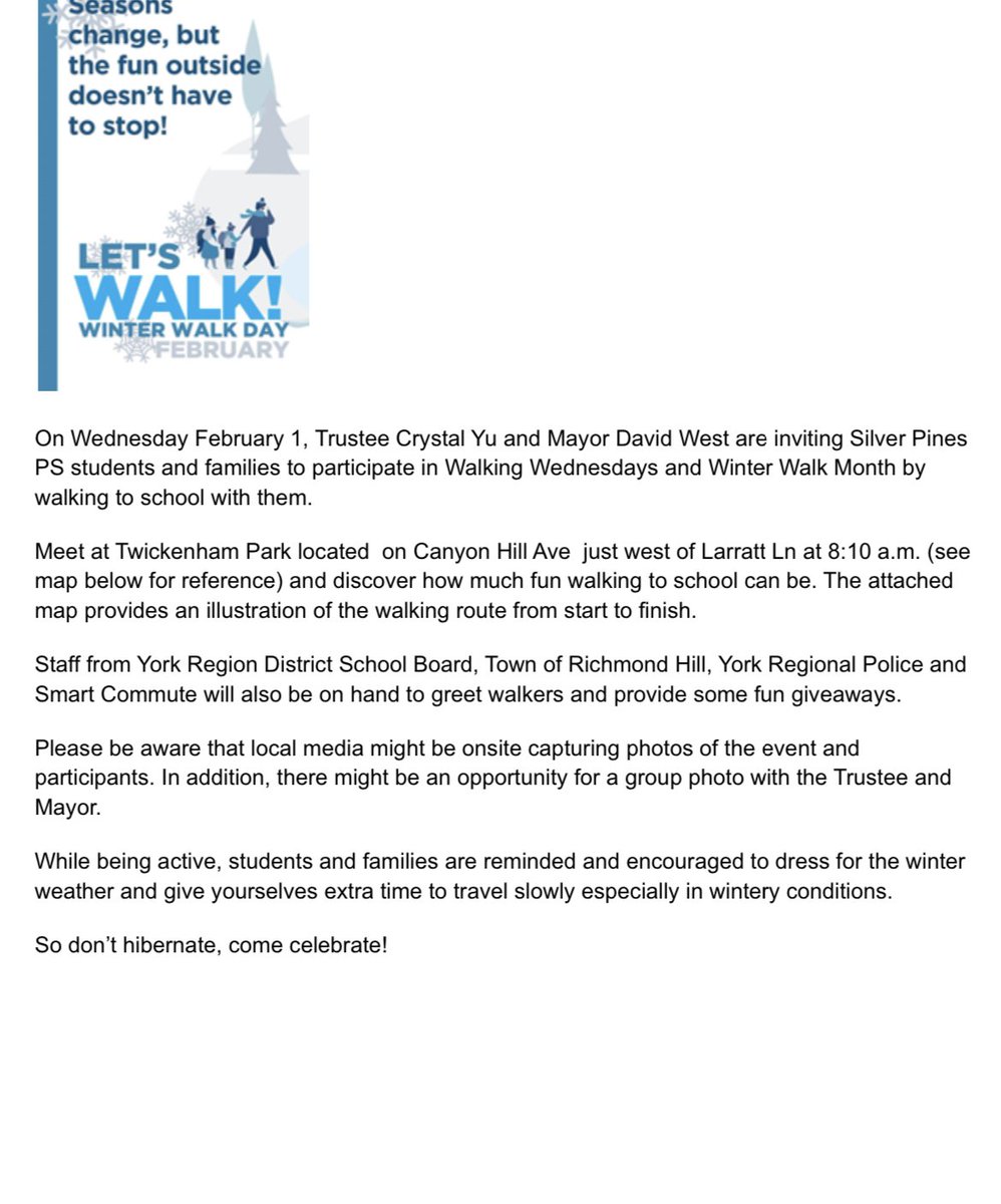 silverpinesps's tweet photo. On Wednesday February, 2023 Trustee Crystal Yu and Mayor David West are inviting Silver Pines students and families to participate in a winter walk together. Please see information below as well this was sent out to all of our families through email. Let’s get walking together! https://t.co/nDnUqSXErj
