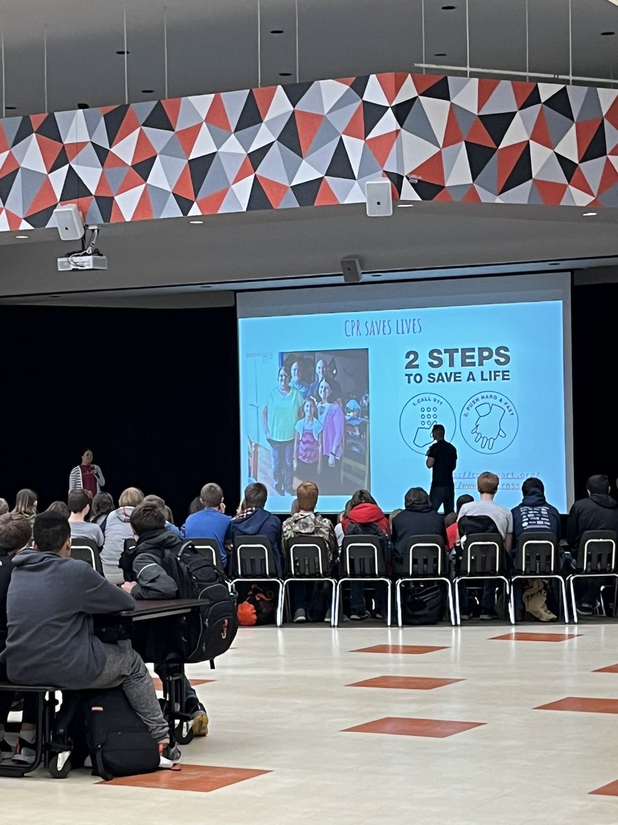 BJSHSCounseling's tweet photo. Chad and Laura Lorenz have joined us today for a “Ted Talk” to talk about appreciation and humility as a result of Chad’s experience with cardiac arrest. What a real-life lesson from within our own community! Chad went on to run in the Chicago Marathon! #getcprcertified https://t.co/EB8LC3yfNi