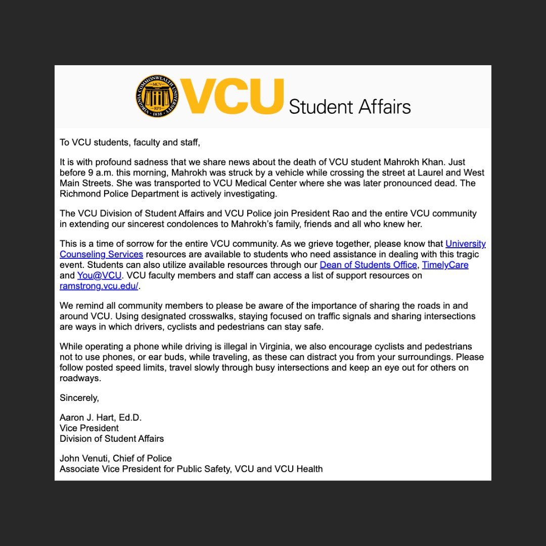 VCU (@vcu) on Twitter photo It is with profound sadness that we share news about the death of VCU student Mahrokh Khan. <a href="/VCUpresident/">Michael Rao, Ph.D.</a> Rao and the entire VCU community extend our sincerest condolences to Mahrokh’s family, friends and all who knew her.
Read the full message here: orange.hosting.lsoft.com/list/ov8ia944/… It is with profound sadness that we share news about the death of VCU student Mahrokh Khan. <a href="/VCUpresident/">Michael Rao, Ph.D.</a> Rao and the entire VCU community extend our sincerest condolences to Mahrokh’s family, friends and all who knew her.
Read the full message here: orange.hosting.lsoft.com/list/ov8ia944/…