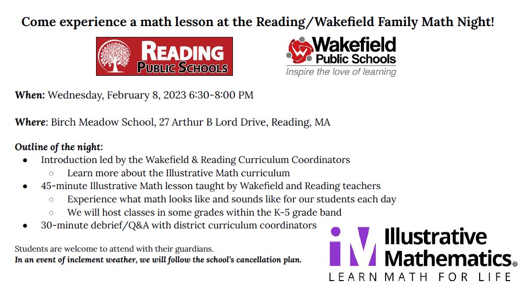 We are excited to invite our <a href="/_RPSchools/">Reading Public Schools</a> &amp; Wakefield families to join us to experience an Illustrative Math Class in action! <a href="/MrsMoscaMath/">Lindsay Mosca</a> <a href="/WPSSTEMCoord/">Valerie Drinan</a> <a href="/IllustrateMath/">Illustrative Mathematics</a> #LearnWithIM <a href="/RPSSchoolComm/">Reading, MA School Committee</a>
