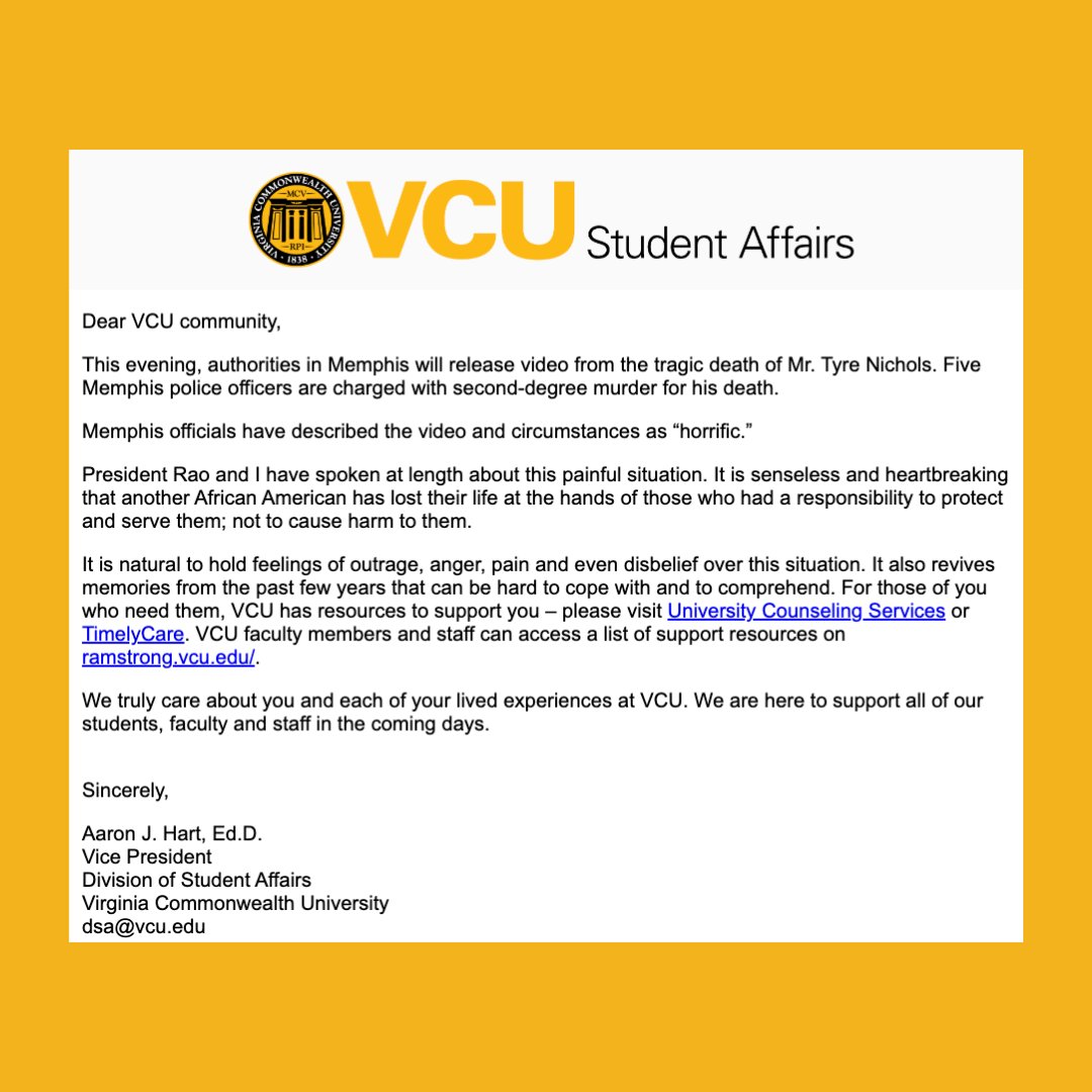 This evening, authorities in Memphis will release video from the tragic death of Mr. Tyre Nichols. We truly care about you &amp; each of your lived experiences at VCU. We are here to support all of our entire community in the coming days. Read the full here:
orange.hosting.lsoft.com/list/ov8ia944/…