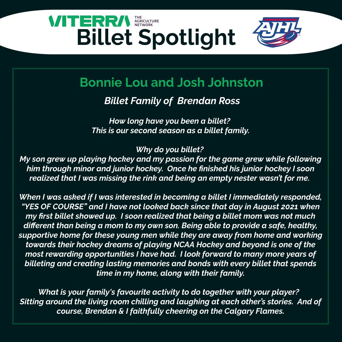 TheAJHL's tweet photo. Today's @ViterraCanada AJHL Billet Spotlight is The Johnstons, billet family of Brendan Ross @AJHLBulldogs!  A special thanks to Bonnie Lou who is also the Bulldogs Billet Coordinator! https://t.co/s95vN8Y0JW