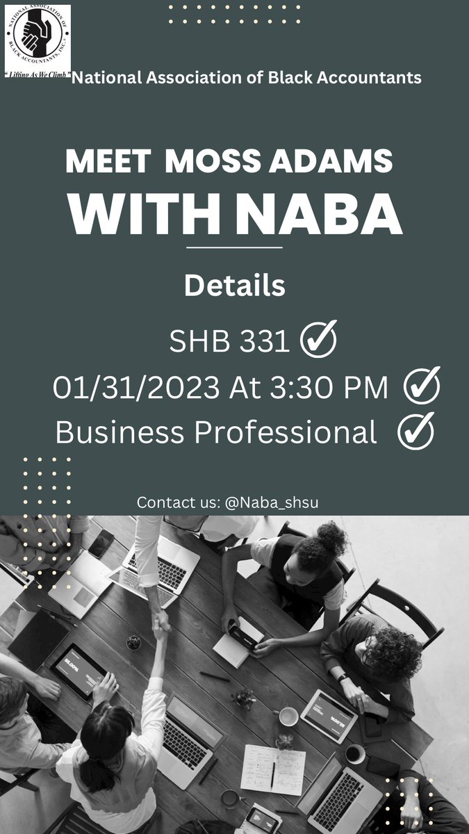Hello everyone,

Be sure to come out to our meeting Tuesday, featuring Moss Adams!

• Come out and learn about the opportunities they offer!
• All Business majors welcomed!
• Business Professional Attire!

See y’all there!