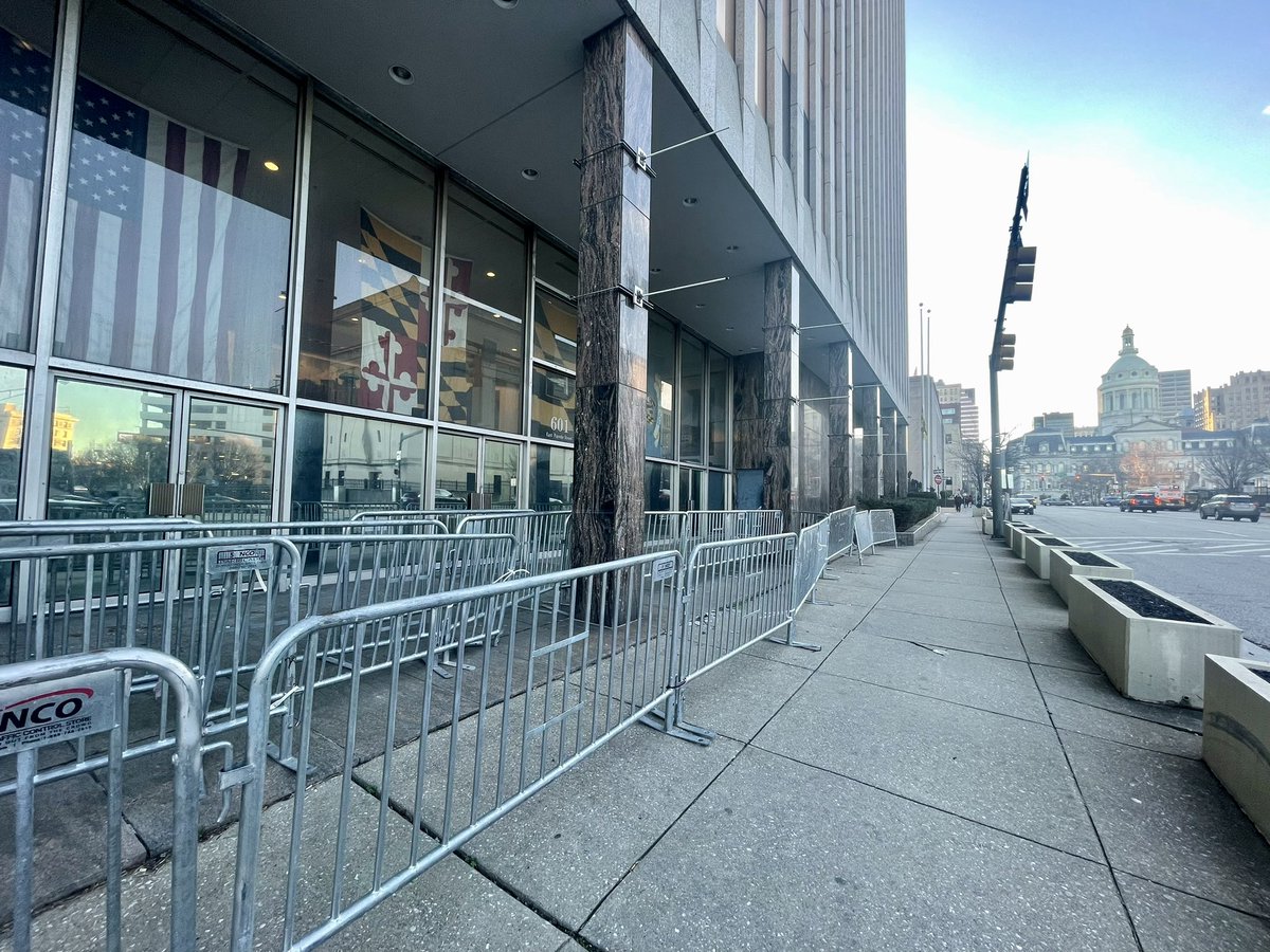GaryCollins's tweet photo. JUST NOW: photos I took moments ago of what looks like steps BaltCity government are taking at Baltimore City Hall &amp; @BaltimorePolice HQ ahead of the release of bodycam footage of the alleged murder of Tyre Nichols by Memphis PD @wbalradio @Reporterroblang @TorreySnowWbal https://t.co/ZNzb4nPLAY