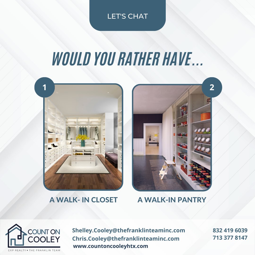 Would you rather have a...

A. Walk-in Closet
B. Walk-in Pantry

Share your pick in the comments! 👇

#countoncooley #callthecooleys #realestatetexas #TheFranklinTeam #eXpRealty #Bridgeland #Bridgelandmpc #Cypress #realestate #wouldyouratherhave #walkincloset #walkinpantry