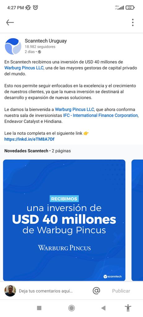 andyromerodev's tweet photo. 👌Cuando tienes un buen servicio estas son las cosas positivas que suelen pasar.
#Scanntech ha recibido una inversión de 40 millones de dólares de parte de Warburg Pincus LLC.
https://t.co/f3OW8bq0Ns https://t.co/wfycoIEbpK