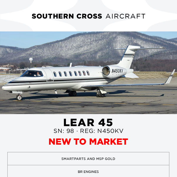 New to market - #Lear 45 at Southern Cross Aircraft
SmartParts and MSP Gold
More details at: https://t.co/hUMdpzPiyr
#bizjet #bizav #aircraftforsale #privatejet #privateflying #jetforsale #businessaviation

Join our mailing list here: https://t.co/Qb5ensamRB