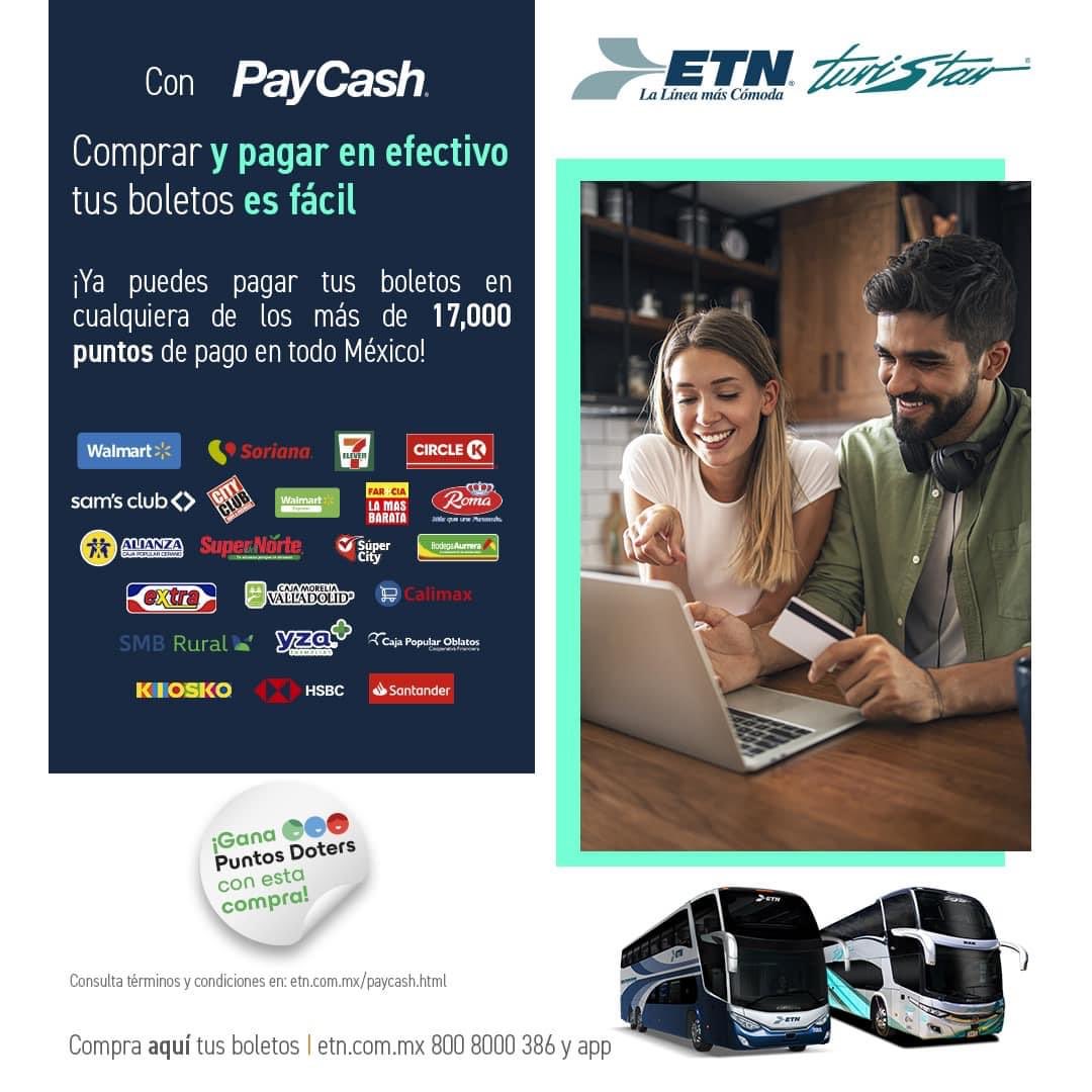 Comprar y pagar tus boletos de #ETN #Turistar es más fácil. 

Ingresa a etn.com.mx, selecciona como opción de pago #PayCash y acude a los más de 17,000 establecimientos donde podrás pagar tus boletos en efectivo. Para más información consulta etn.com.mx/paycash.html