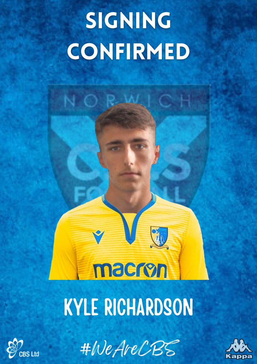 NorwichCBSFC's tweet photo. Signing 📝

Our third signing of the night and we are delighted to welcome @Kyle8Richardson to the club on loan from @NorwichUnitedFC.

We would like to thank NU for the opportunity to sign a player of Kyle's quality.

Welcome to CBS Kyle!

💙🤍

#WeAreCBS https://t.co/f1kgDeRF3S