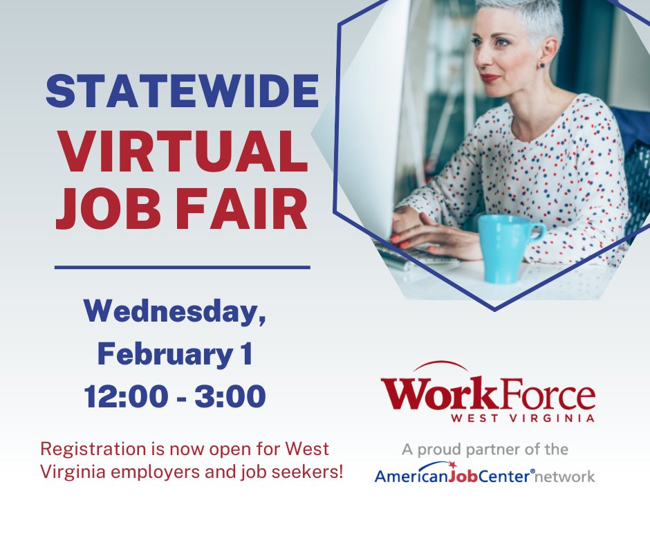 Have you registered yet for WorkForce WV's Feb. 1 virtual job fair? Join the nearly 2,000 West Virginians who have taken advantage of this opportunity to check out organizations all across the state that are actively hiring! bit.ly/3XKG31Z