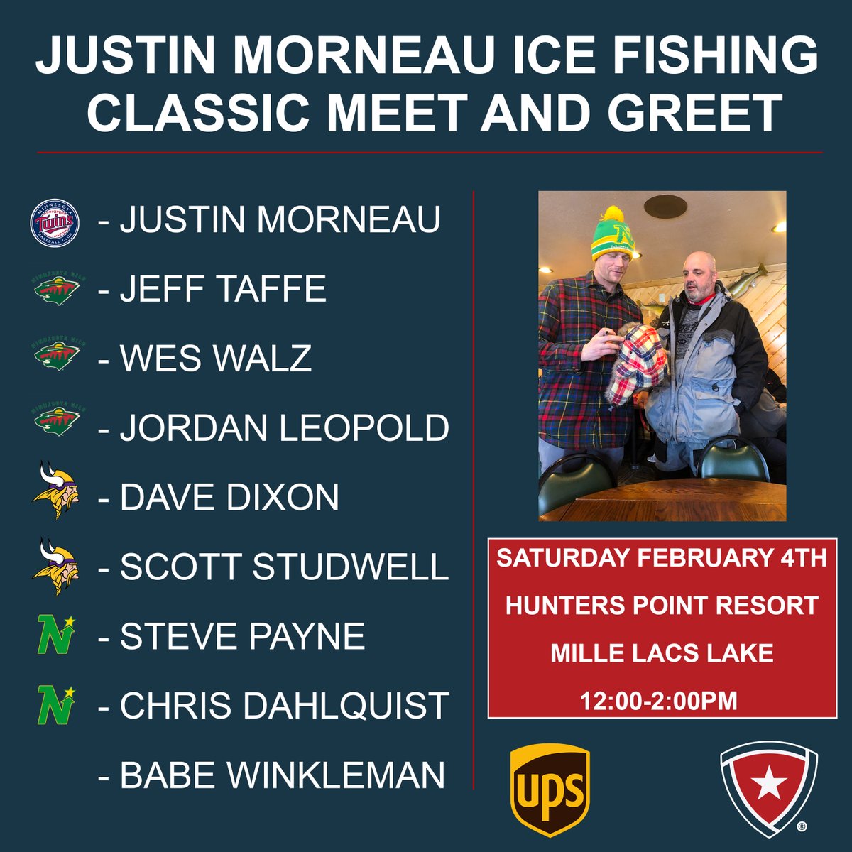 United_HL's tweet photo. We are officially one week away from our annual Justin Morneau Ice Fishing Classic presented by @UPS. Here is the official list of everyone who will be at the meet and greet on Saturday February 4th from 12:00-2:00PM. https://t.co/2jFbNhyC0Q