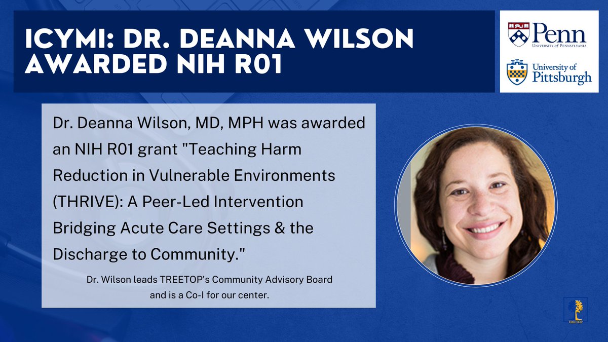 ICYMI: <a href="/DrDeannaWilson/">Deanna Wilson</a> was recently awarded NIH R01 grant "Teaching Harm Reduction in Vulnerable Environments (THRIVE): A Peer-Led Intervention Bridging Acute Care Settings &amp; the Discharge to Community" funded by @NIHendaddiction!

Congratulations!🥳

#NIDAScience #THRIVEProject