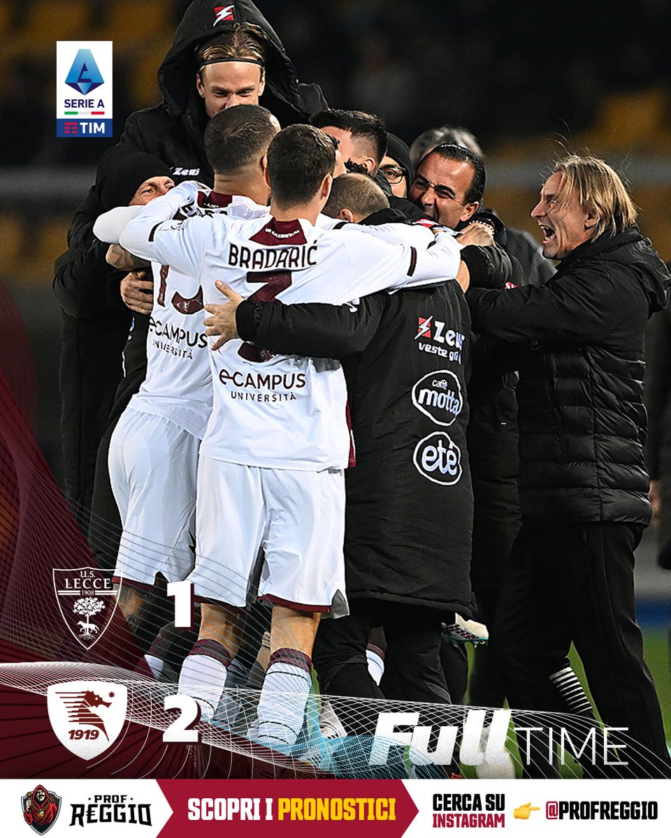 FULL TIME
Lecce - Salernitana 1 - 2

#LecceSalernitana #macteanimo #forzagranata #uss1919
#IPronosticiCheNonVorraiPerderti #adv