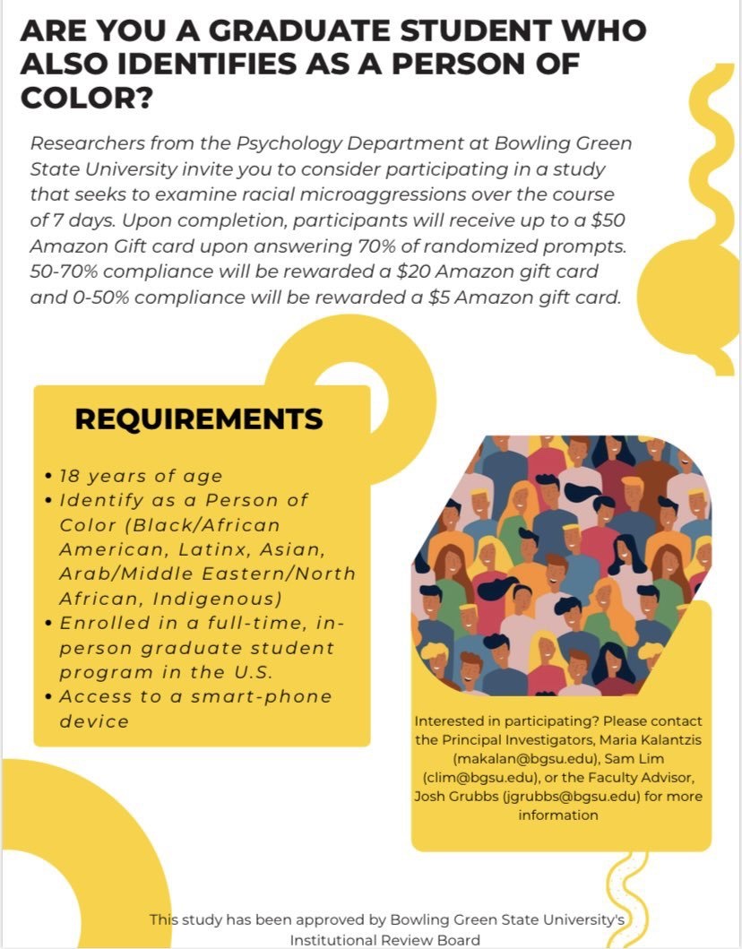 Hey folks, some of the graduate students in my department are spearheading a really cool study on the experiences of graduate students of color Info is below! Please participate if you qualify and RT/share!