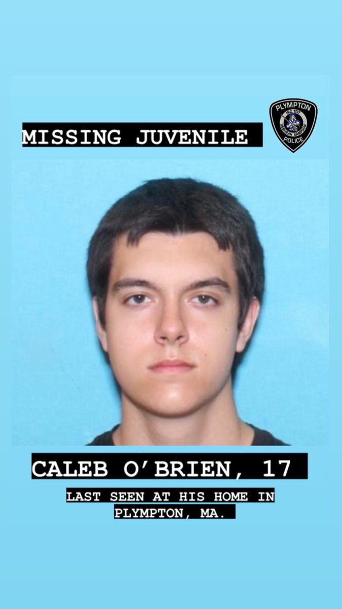 PlymptonPolice's tweet photo. *** MISSING JUVENILE, CALEB OBRIEN (17)*** 
The Plympton Police Department is seeking the public's help in locating this missing juvenile, CALEB O’BRIEN (5/24/2005, age 17). He was last seen at his home in Plympton but has ties to Kingston, Halifax and Hanson. https://t.co/9zB6ve0Hj6