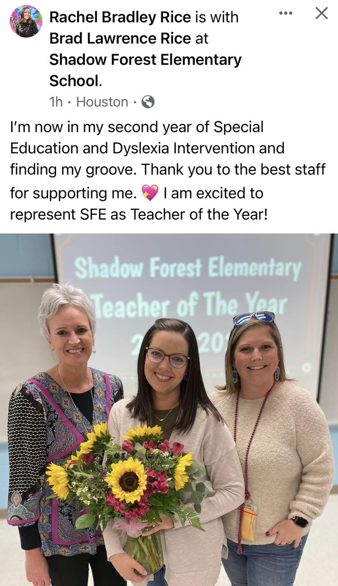 Another Dyslexia Specialist being honored with Teacher Of The Year!! We are so proud of you!! <a href="/RachelRiceSFE/">Rachel Rice, M.Ed.</a> <a href="/HumbleISD_SFE/">Shadow Forest Elem</a>