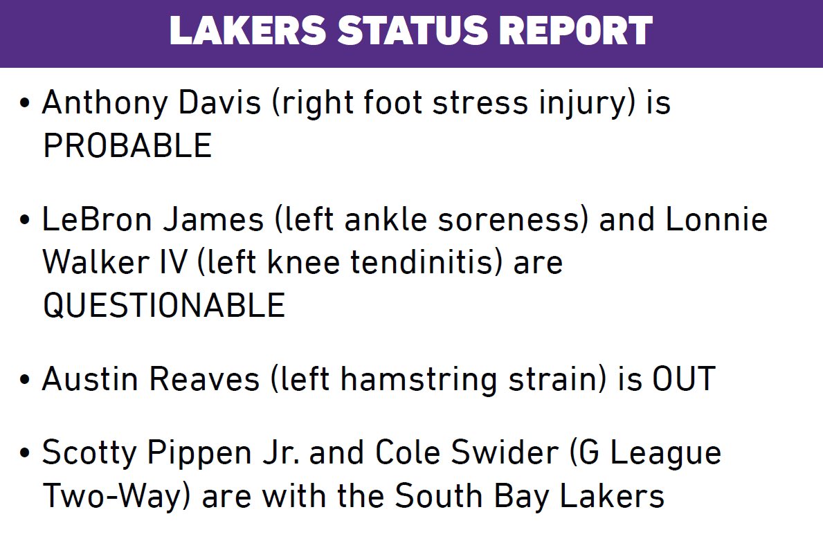 Lakers’ status report for tomorrow’s game: