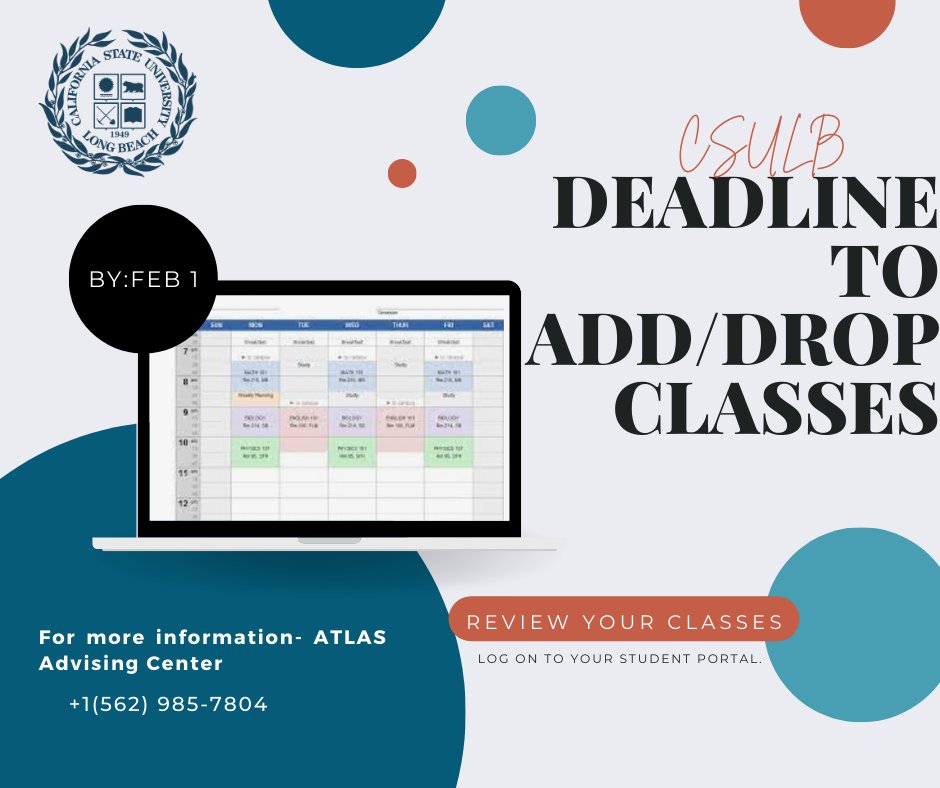 csulbposc's tweet photo. Still working on your spring schedule? 🗓️
⏰The Deadline to add/drop classes is coming up- Febuary 1st.
⏰ Drop classes with approval- Feb 2nd-14th
#csulb #springschedule #addclasses #dropclasses #posc #gottagetitdone https://t.co/D8yX0VbIAB