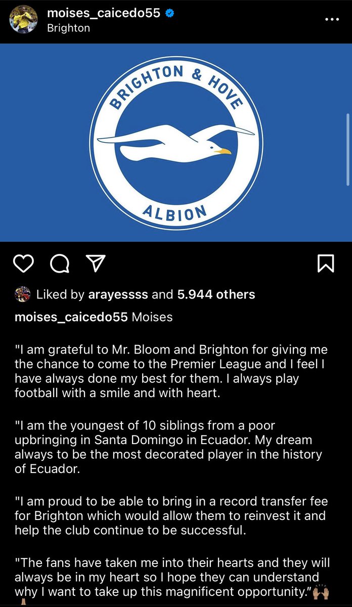 EduardoHagn's tweet photo. 🚨 Moises Caicedo has asked the club to let him leave on his Instagram. https://t.co/mvQnJ56bT7