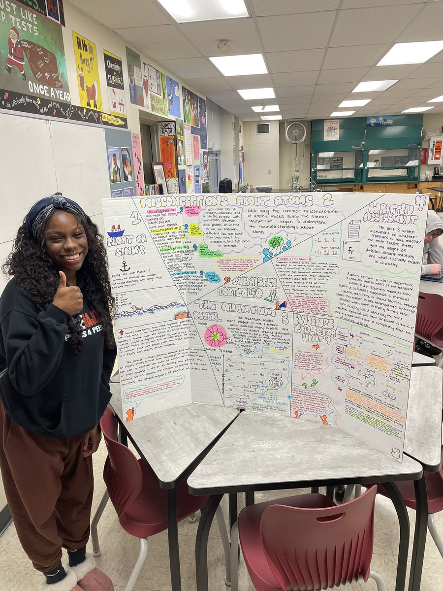 MrPropson's tweet photo. Shoutout to @flincicu for the push. Tried a new format for finals this year. Instead of a test, kids made portfolios, and we had a celebration of learning.
I didn’t know it was possible to smile during finals! 

Very proud of the kids! #SouthSci https://t.co/7LQvceluPs