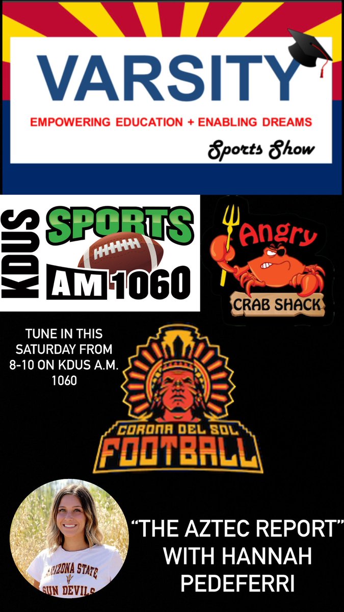 Tomorrow!!! Tune in to the Varsity Sports Show on KDUS A.M. 1060 to catch my segment of “The Aztec Report” 🏈 @VarsityShow @KDUSAM1060 @angrycrabshack
