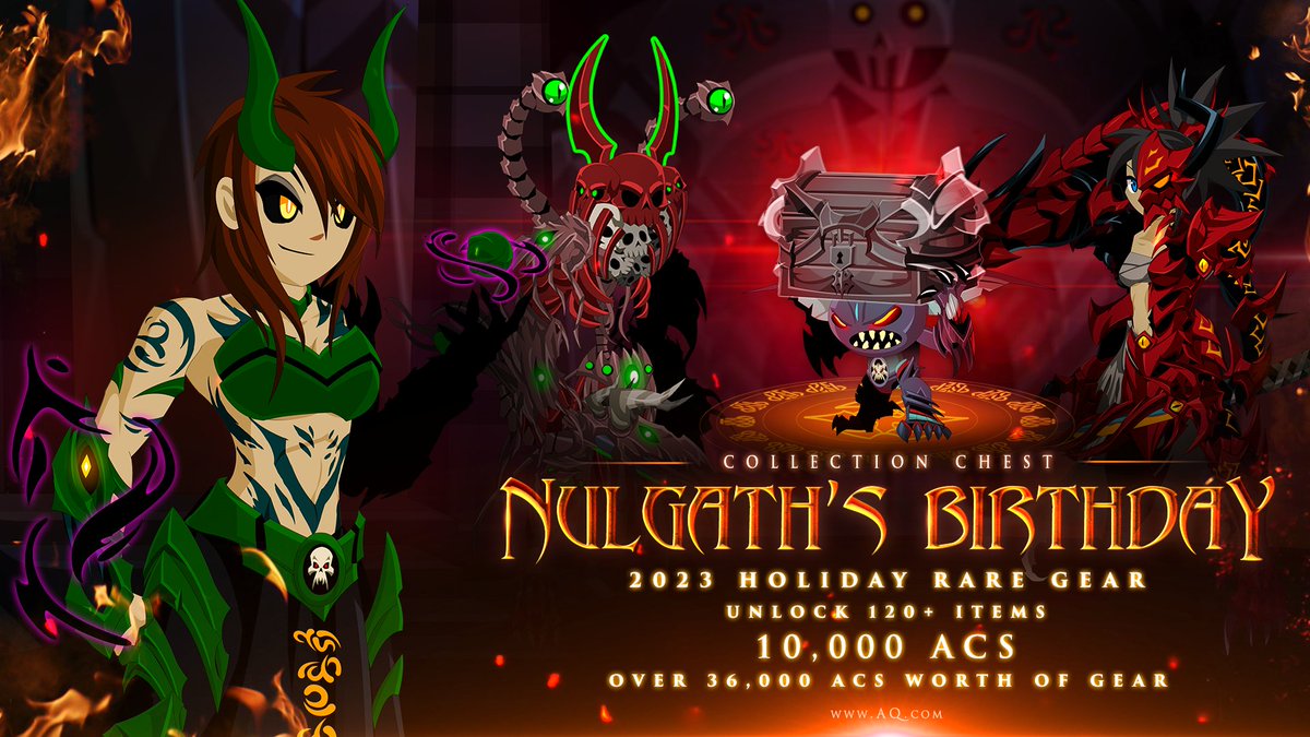 Nulgath’s birthday celebration continues this weekend! Enchanted (Color Custom) Void + Nation Ritualist sets plus more added!

Get all of the event rare gear for 10,000 ACs! (Over 36,000 ACs worth of gear) aq.com