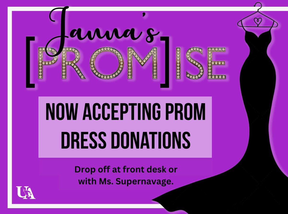 UAcharterschool's tweet photo. Janna’s PROMise is accepting prom dresses &amp; accessories. The FREE event is open to UA &amp; non-UA students on 3/11 &amp; 4/1. @UAathletics @JZUAHS @darbiholmes @JSuttonSmith https://t.co/PaXrjgsO5L