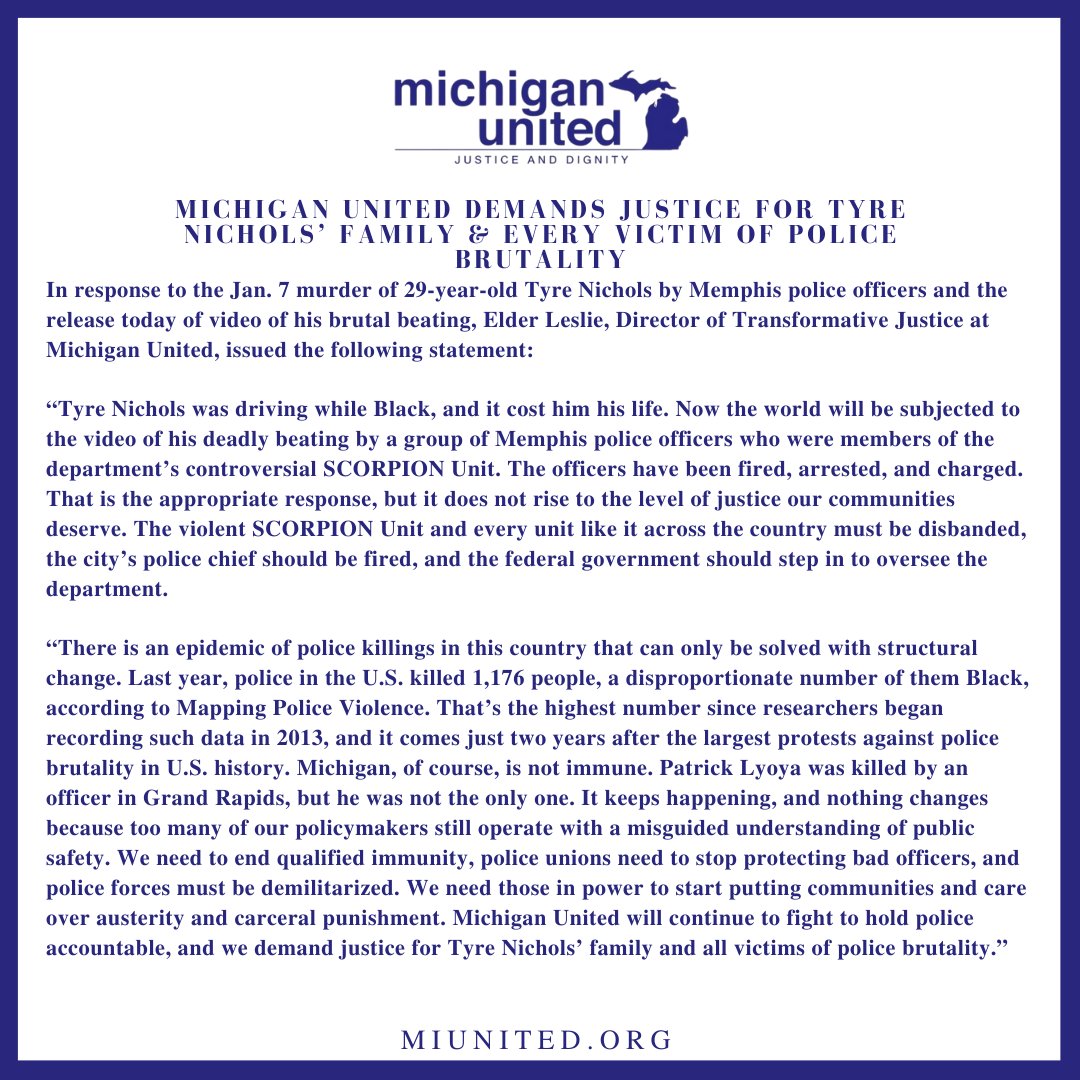 MichiganUnited's tweet image. "Tyre Nichols was driving while Black, and it cost him his life. " Michigan United's statement on the murder of #TyreNichols by Memphis Police Officers.