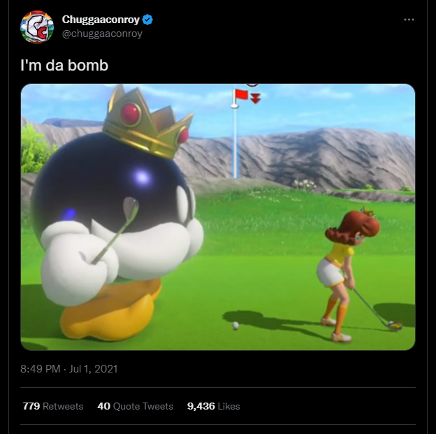 Emile tweeting a screenshot from Mario Golf: Super Rush in which King Bob-omb appears to be staring at Daisy's rear end. In the tweet he simply says "I'm da bomb".
