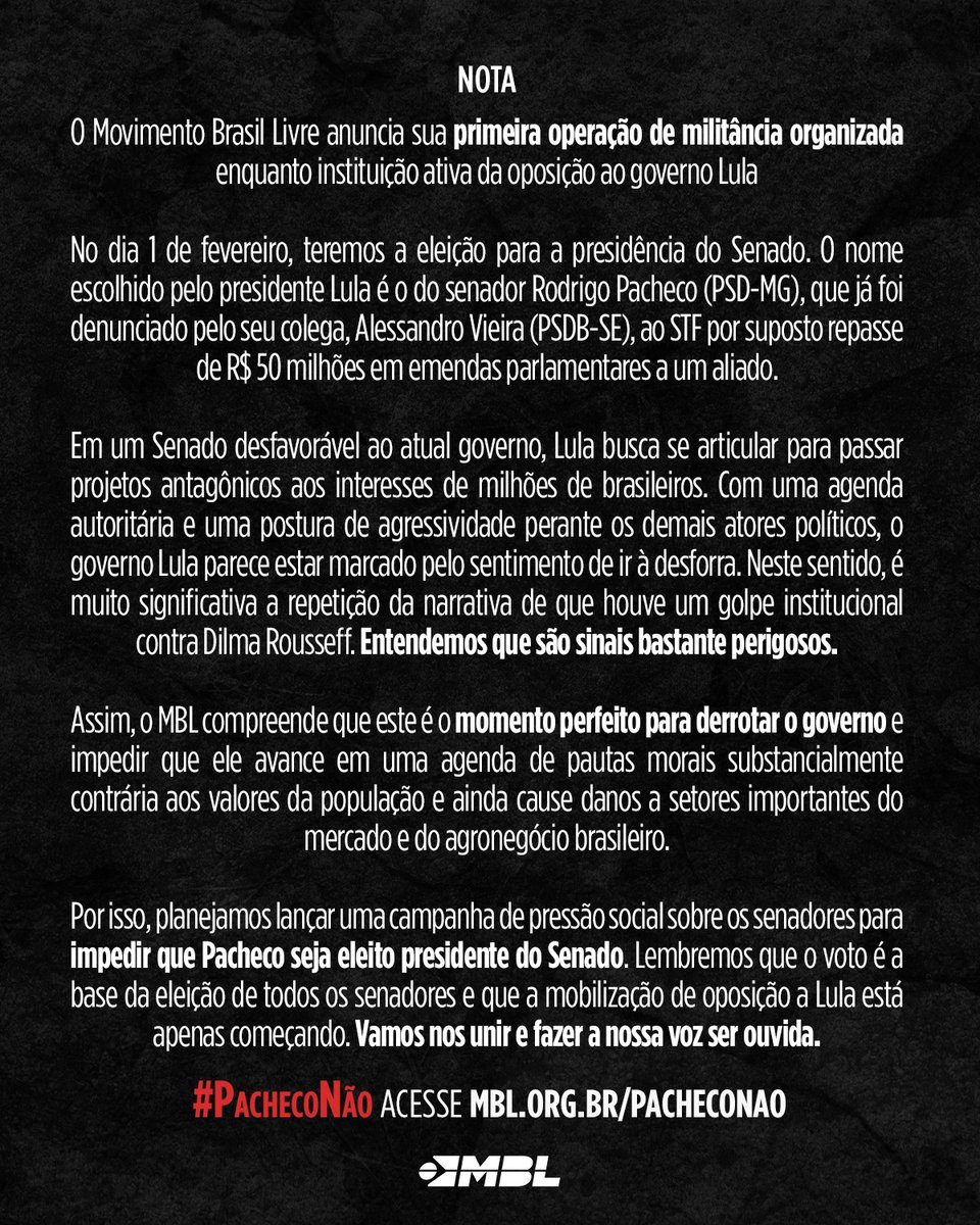 MBLivre's tweet image. NOTA. 

Acesse mbl.org.br/pacheconao

Ajude clube.mbl.org.br