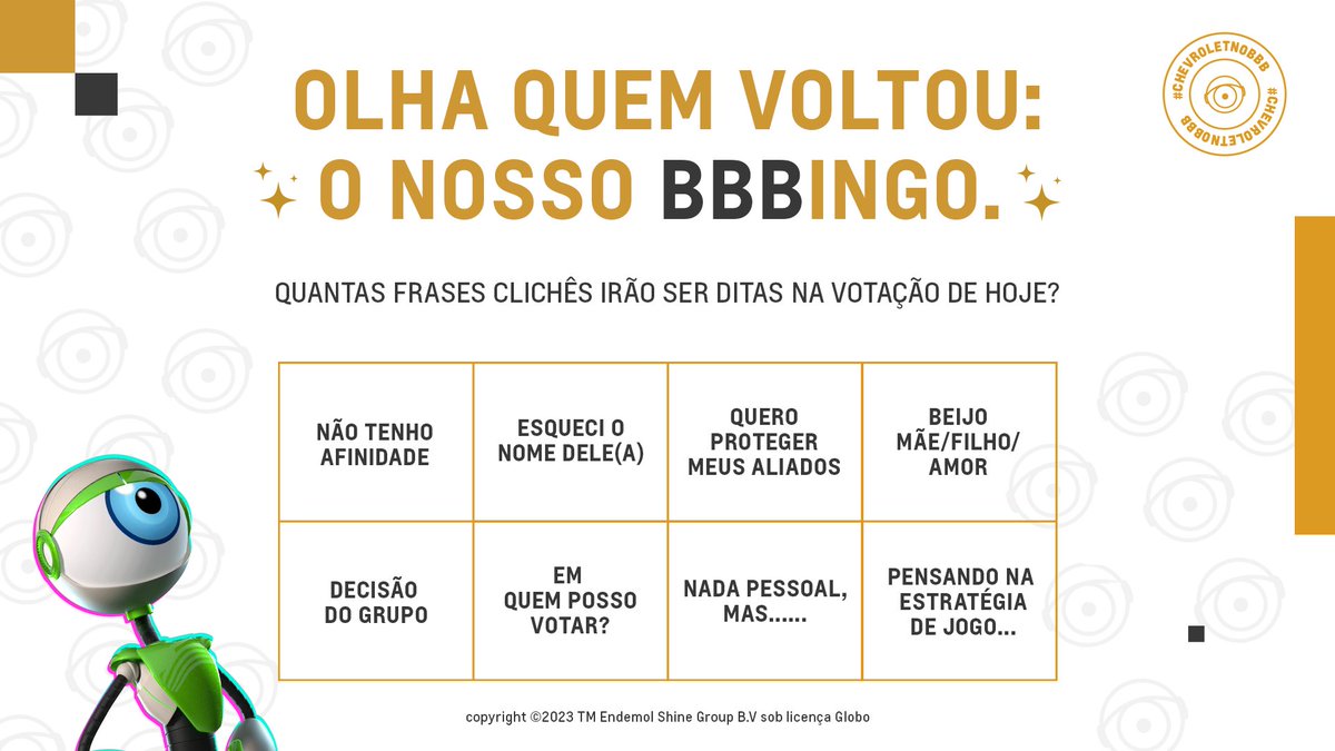 chevroletbrasil's tweet photo. Canta a pedra! Qual frase SEMPRE, eu disse SEM-PRE, rola nas indicações do paredão do BBB? Marca aí sua cartela e vem jogar com gente! #ChevroletNoBBB #BBB23 https://t.co/qtgSIQSZfq