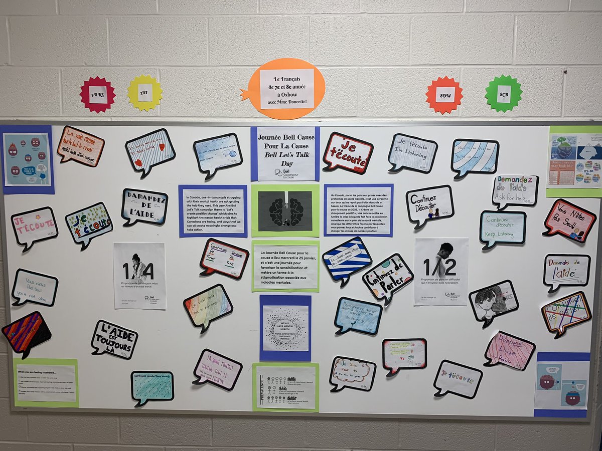 MmeDoucette's tweet photo. #BellCause   Grade 7+8 students at @OxbowPS wrote mindful messages in French to share with the school to help end the stigma surrounding mental health and mental illness💓🧠Joignez-vous à la conversation!💬 @TVDSBFSL @TVDSBSafeSchool @TVDSBcares https://t.co/LxYFPf3LEC