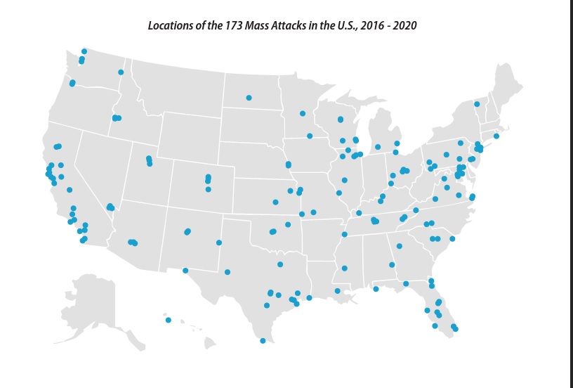 phenomws's tweet image. Map of U.S. #MassAttacks 2016-2020/