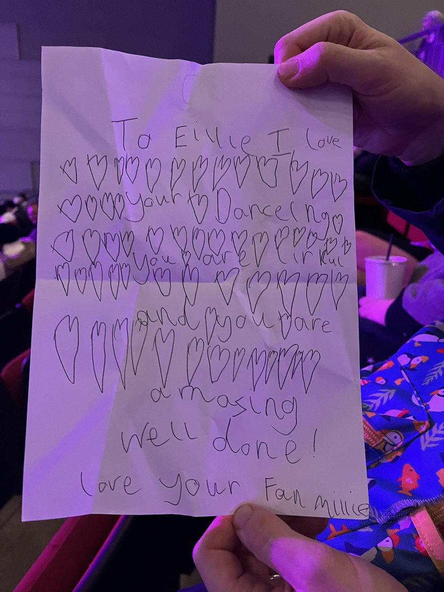 @EllieSimmonds1 my little girl was over  watched you tonight. She’s the one who left you a letter (the misspelt word is Lyrical; she wrote it without us). She cried ‘cos you didn’t win, but that THOUSANDS cheered for you tonight! #RoleModel #ourwinner #disabledtoo