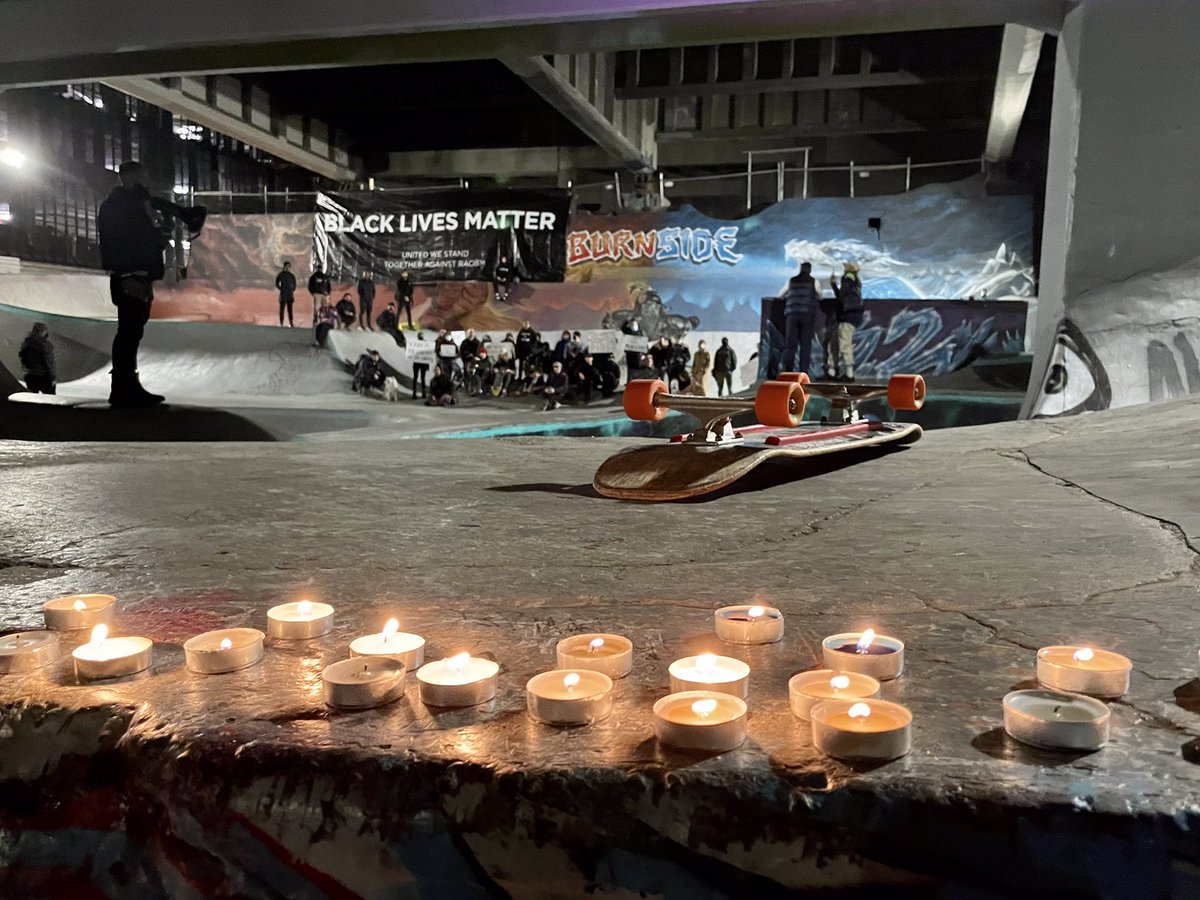 Protests are underway in Portland: A group of protesters that started at the Convention Center marched south and joined a group under the Burnside Skatepark , for a vigil and speeches.