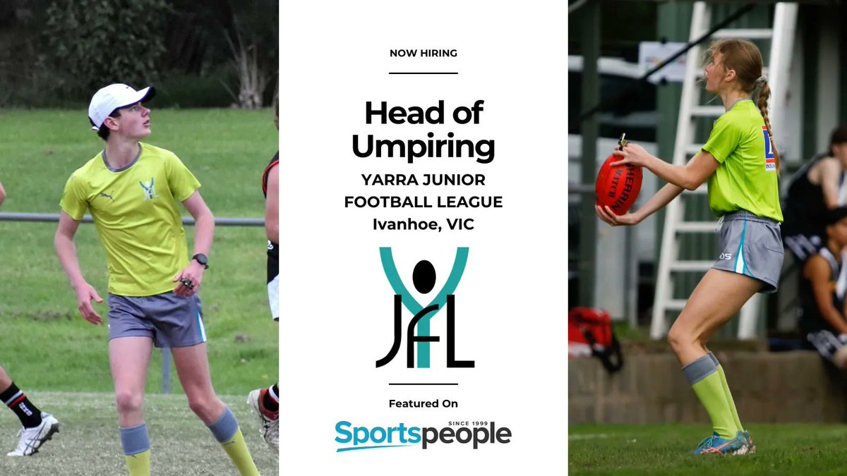 [FEATURED] Head of Umpiring - Yarra Junior Football League <a href="/YarraJFL/">Yarra JFL</a>. Ivanhoe location. Full Time. Closing 22 Feb 2023. Apply@ bit.ly/3HzoNXV
(see more AFL jobs: bit.ly/3WH83Sy) #sportspeople #sportjobs