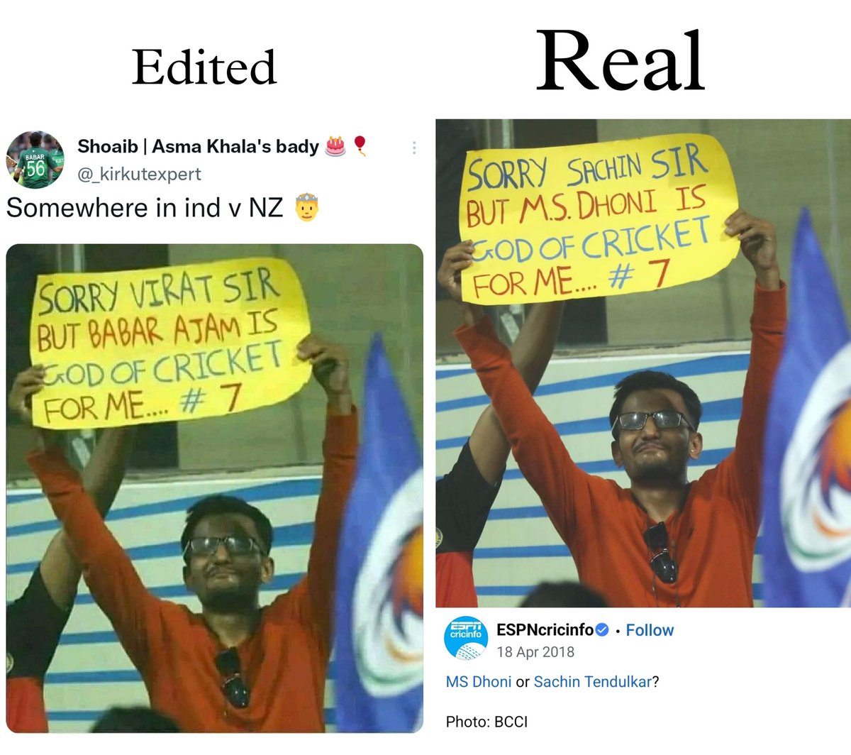 BoiesX45's tweet photo. Babar Azam fans edited a picture of 2018 but forgot to remove jersey number 7. They think players like Babar Azam have fans outside Pakistan. https://t.co/6UWMC8z3uR