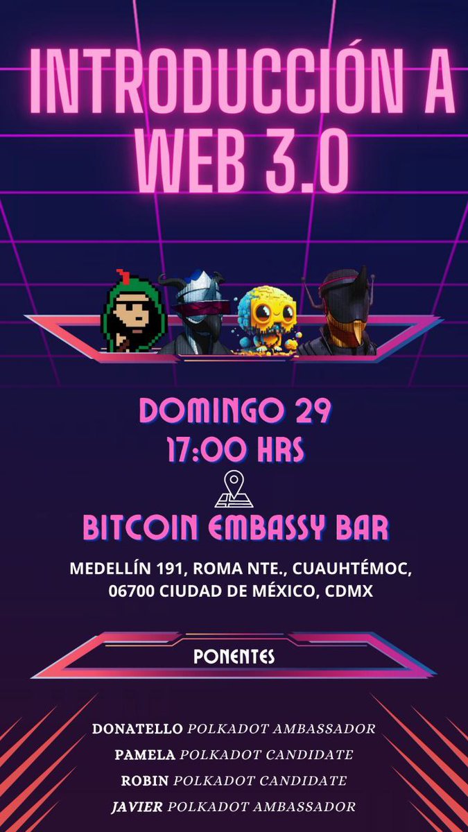 Web 3.0, nuestro próximo #meetp ahora en domingo. Te esperamos en el <a href="/bitcoinemb/">Bitcoin Embassy Bar</a> en compañía de un gran equipo de <a href="/Polkadot/">Polkadot</a>. 

#Domingo #Meetup #web3community #Web3 #bitcoinemb