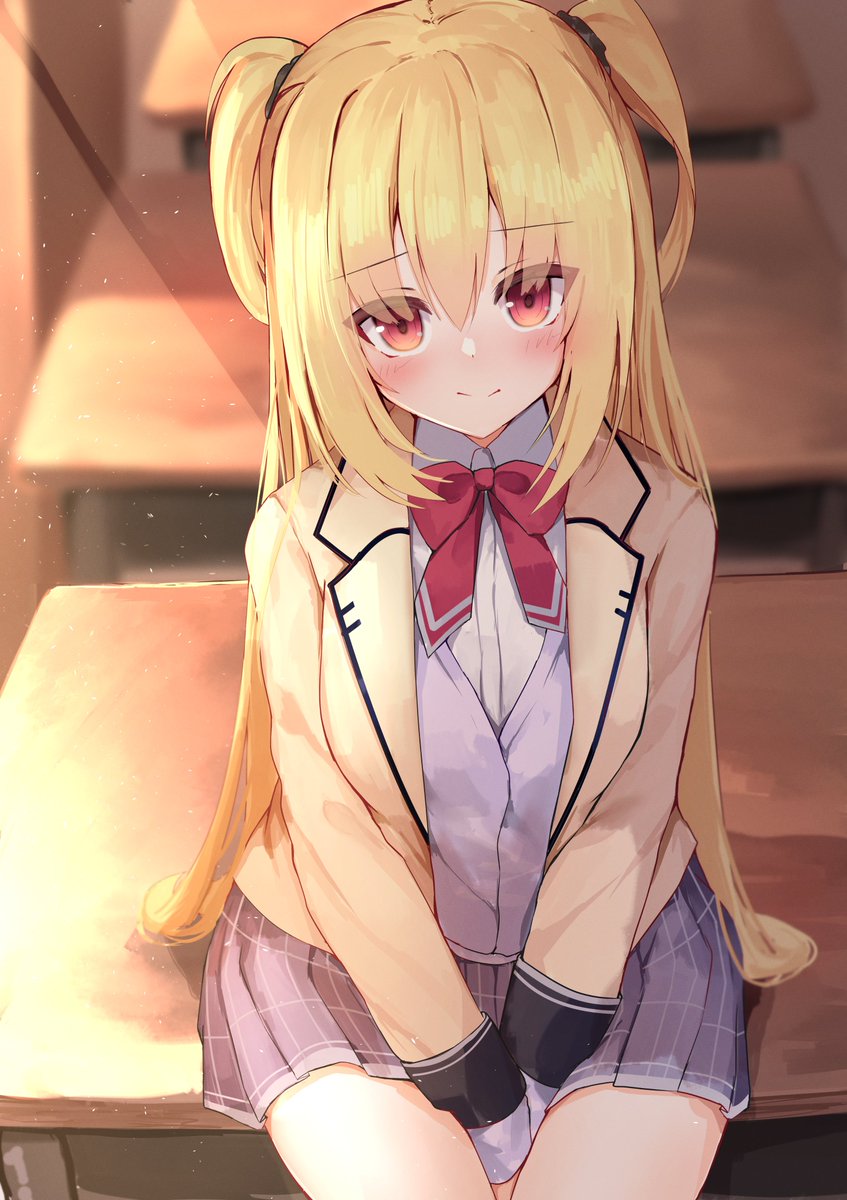 1girl blonde hair solo skirt school uniform long hair looking at viewer  illustration images