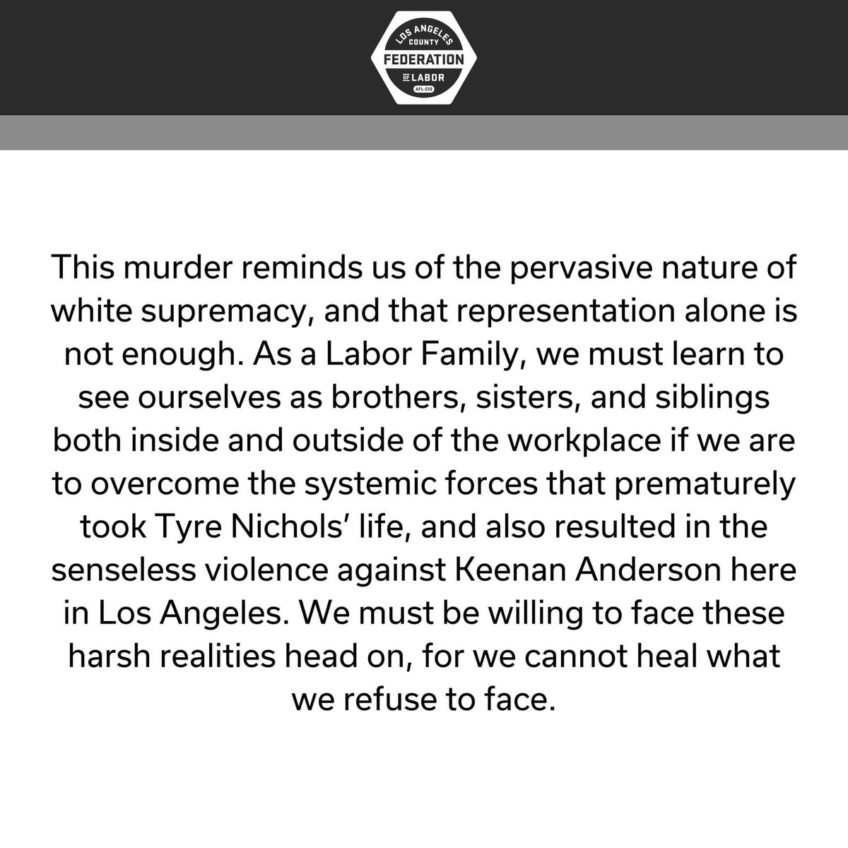 A message from President Yvonne Wheeler: “The Los Angeles County Federation of Labor pledges to stand against hate and violence in all forms.” ✊🏿 ✊🏾 ✊🏽 ✊🏼 ✊🏻 #TyreNichols #RestInPower #AgainstHate #PoliceBrutality #Solidarity
