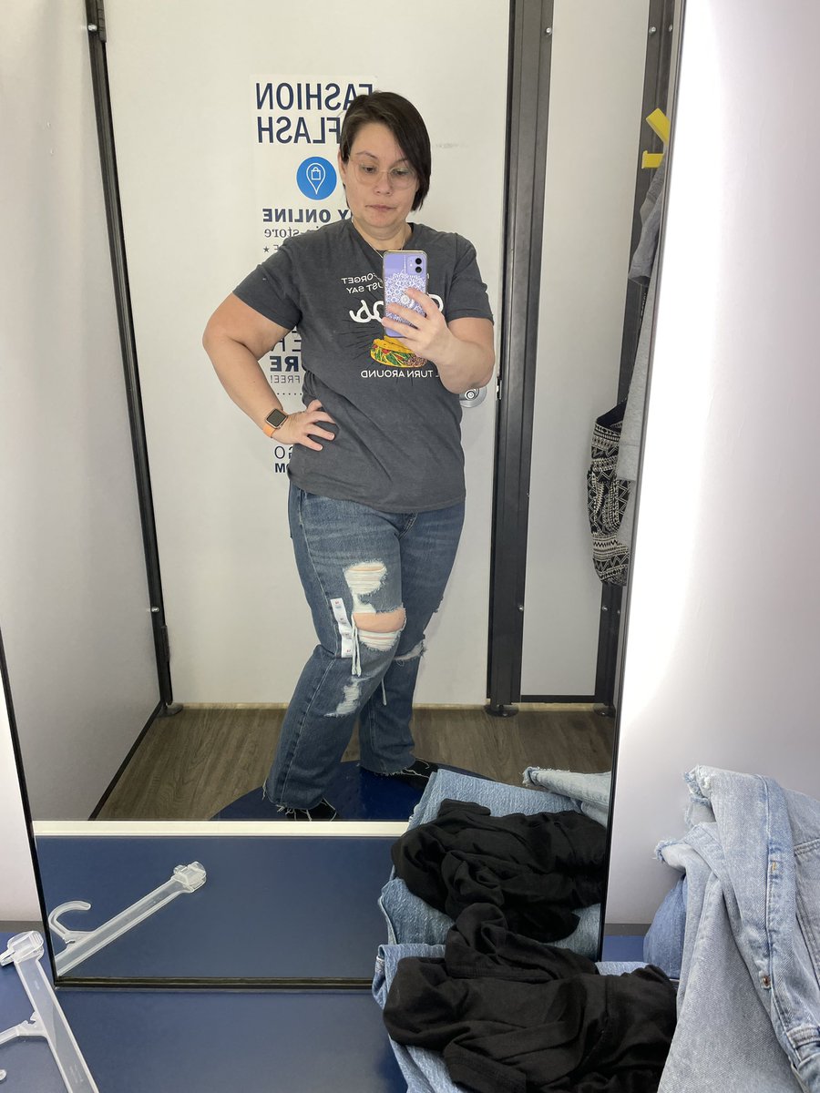 NSV the 4 pairs of jeans I'm trying on at Old Navy are SIZES 14 &amp; 16!!! 

FREAKING 14 &amp; 16 down from a size 24 in less than 6 months!) 

#vsgsurgery #abarijourney #bariatric