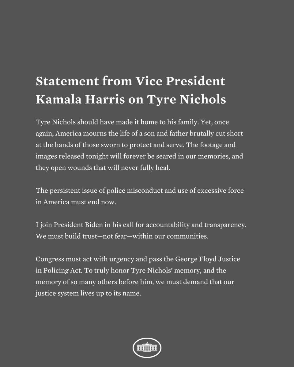 Tyre Nichols should have made it home to his family. Yet tonight, once again, America mourns a life brutally cut short at the hands of those sworn to protect and serve. I join President Biden in his call for accountability and transparency. Read my full statement.