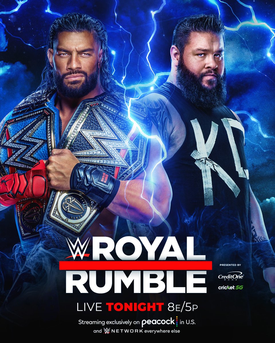 WWE's tweet image. Undisputed WWE Universal Champion @WWERomanReigns defends against @FightOwensFight TONIGHT at #RoyalRumble!

8PM ET/5PM PT
Streaming exclusively on @peacock in U.S. and @WWENetwork everywhere else.

🦚: pck.tv/3D2WjTr 
🌎: WWENetwork.com 

@HeymanHustle