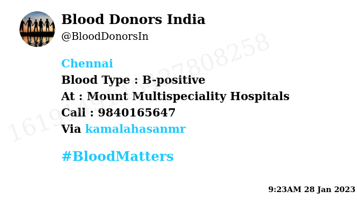 #SOS
#Chennai
Need #Blood Type :  B-positive
Blood Component : Blood (B+ or any group)
Number of Units : 3
Primary Number : 9840165647
Via: <a href="/kamalahasanmr/">RKR</a>
#BloodMatters