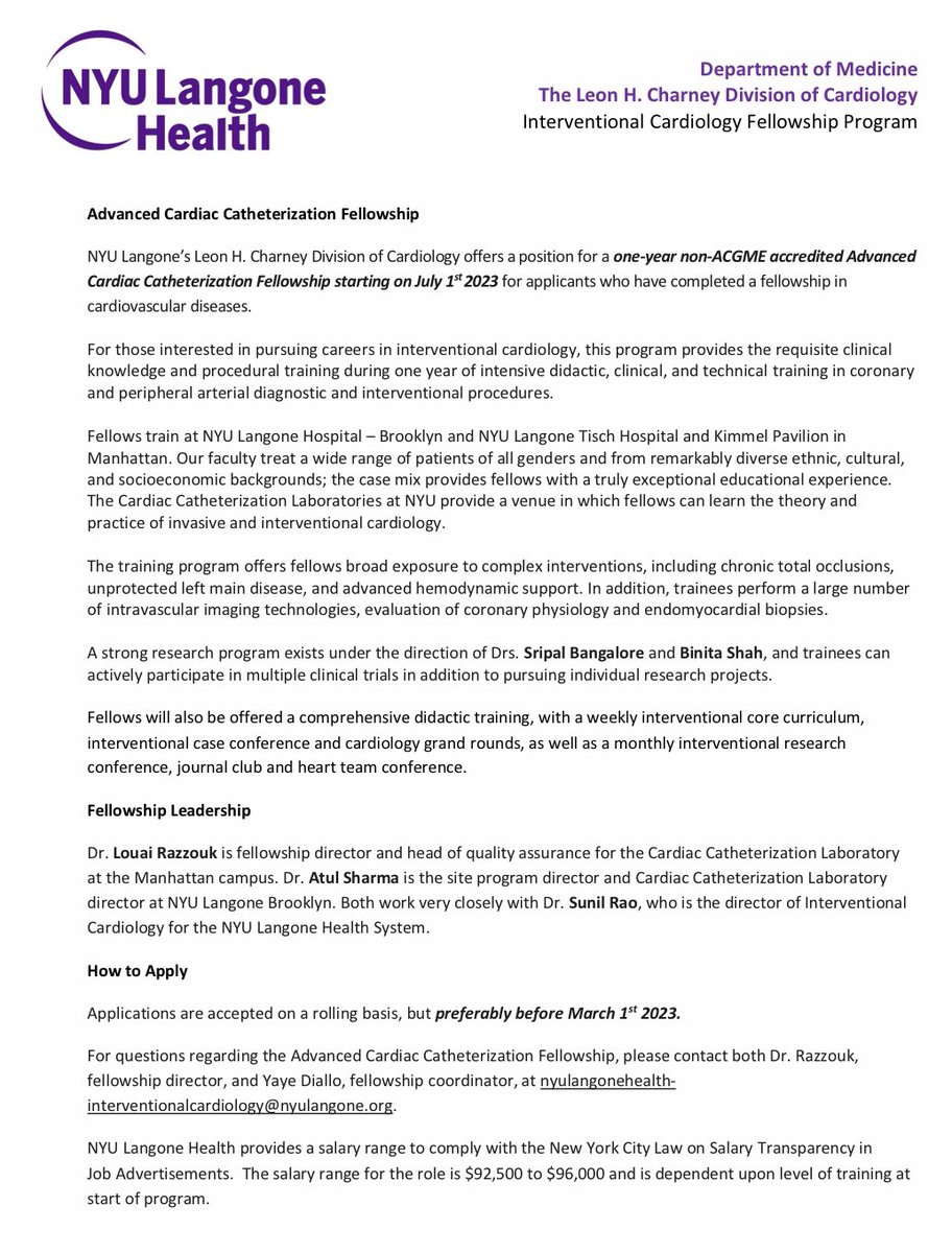 1-year non-ACGME Interventional Cardiology Fellowship <a href="/nyulangone/">NYU Langone Health</a> starting 7/1/2023- at both BK &amp; Manhattan campuses, great coronary &amp; peripheral training. Outstanding and dedicated faculty at both campuses. Application deadline 3/1. Details below.