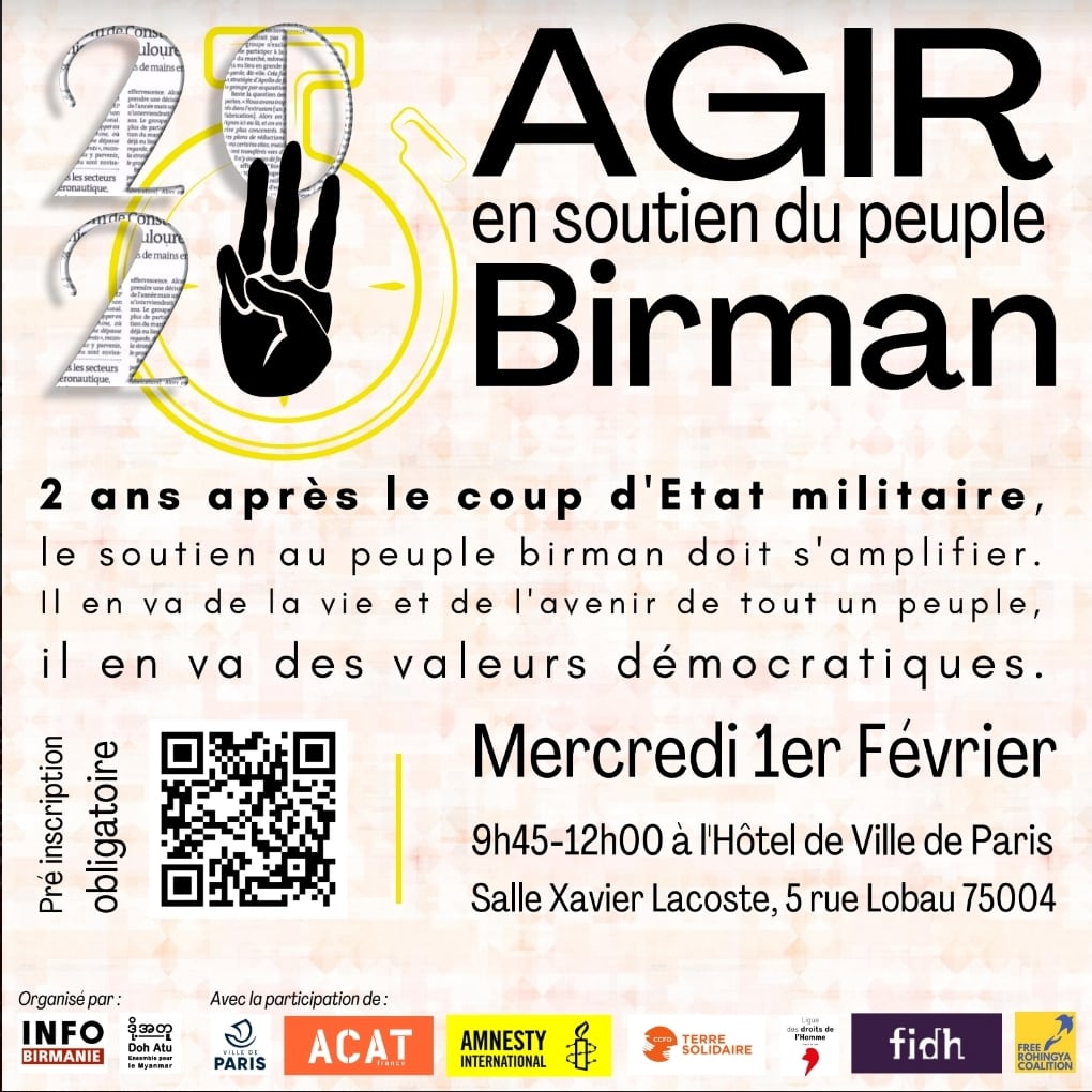 N'oublions pas! ✌ 
Soutien au peuple Birman, 2 ans après le coup d'état militaire: 
Rdv 01/02 de 9h45 à 12h, devant l'Hôtel de ville de Paris aux côtés de @amnestyfrance @fidh_fr @ACAT_France @ccfd_tsolidaire #freerohingacoalition #infobirmanie #dohactu @LDH_Fr