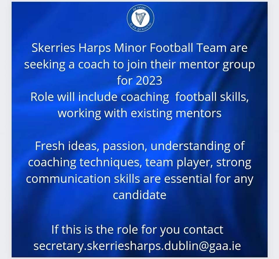 SkerriesHarps's tweet image. Skerries Harps GAA are seeking a Football coach for our Minor Football team. Great opportunity to get involved with a talented and committed group of players within an established mentor group
If this is the role for you contact secretary.skerriesharps.dublin@gaa.ie